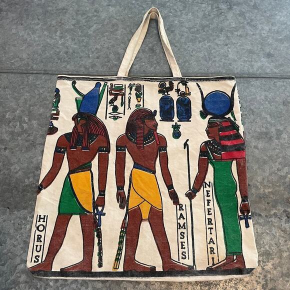 Vintage Egyptian Canvas Tote Bag Nefertari Ramses Horemheb Horus Hieroglyphics - Picture 7 of 14